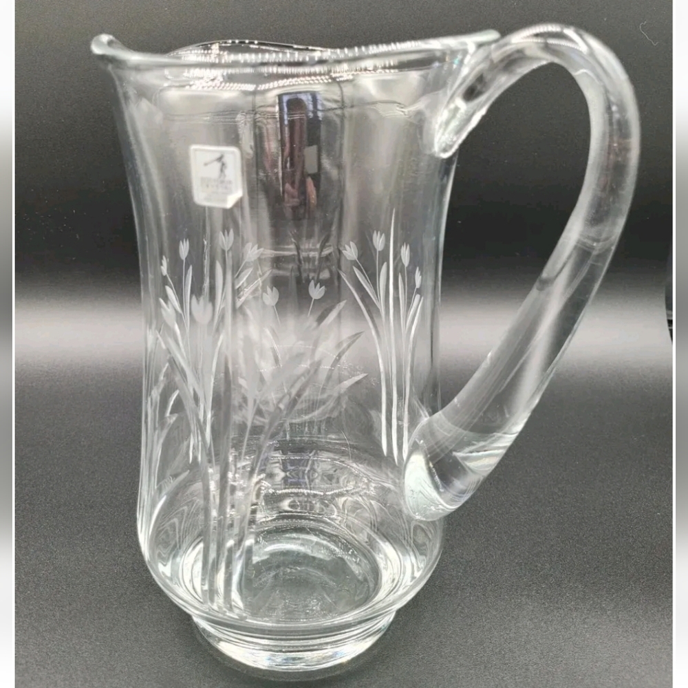 Fostoria Romania Crystal Tulip Flower Etched Glass Pitcher Barware Pitcher
